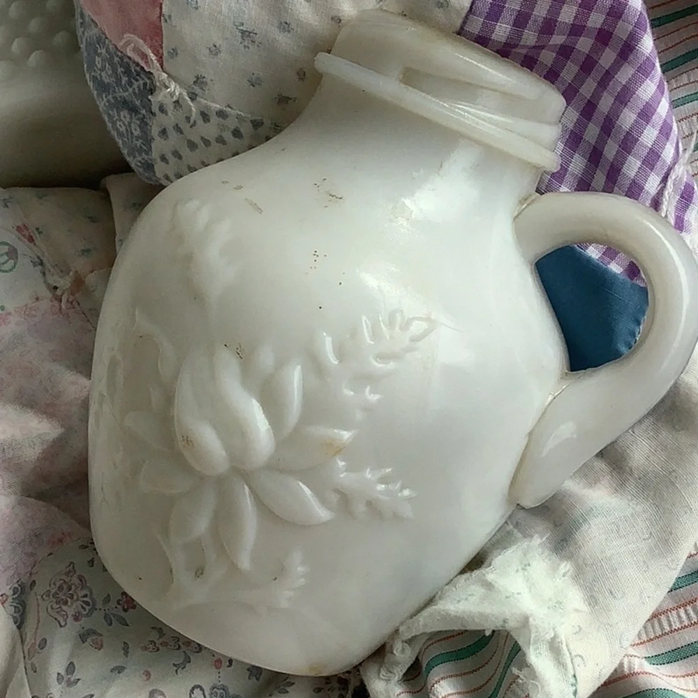 Vintage 2 Piece Bundle White Milk Glass Creamer Syrup
